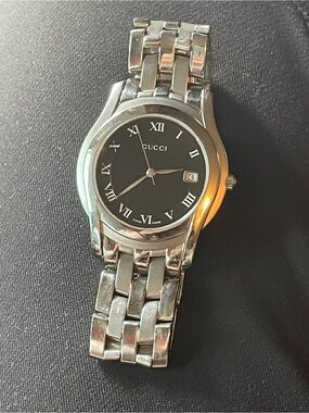 Authentic Gucci Stainless Steel Roman Numeral Watch - Black Dial
